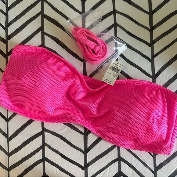 Aerie Size L Hot Pink Textured Strapless Bandeau Bikini Top - Picture 1 of 3